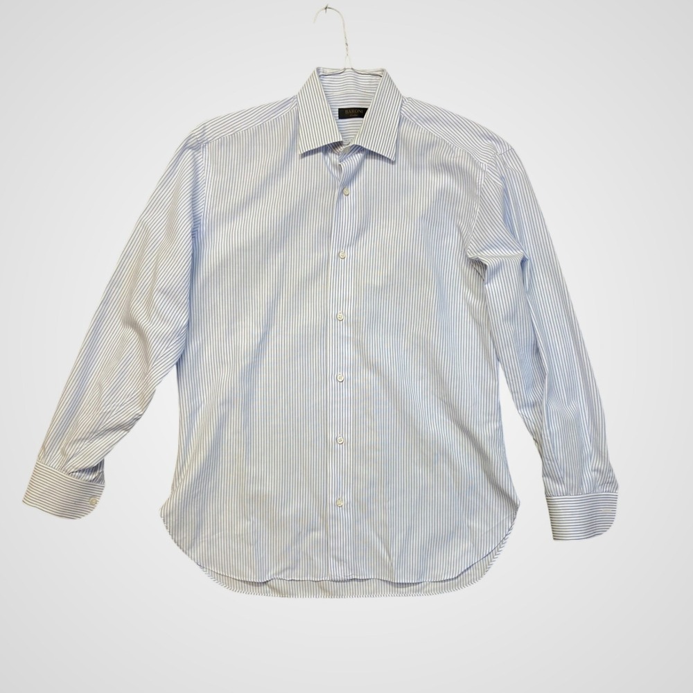 Baroni Dress Shirt Mens 16.5 L Blue White Excellent Stripe Long Sleeve Button Up